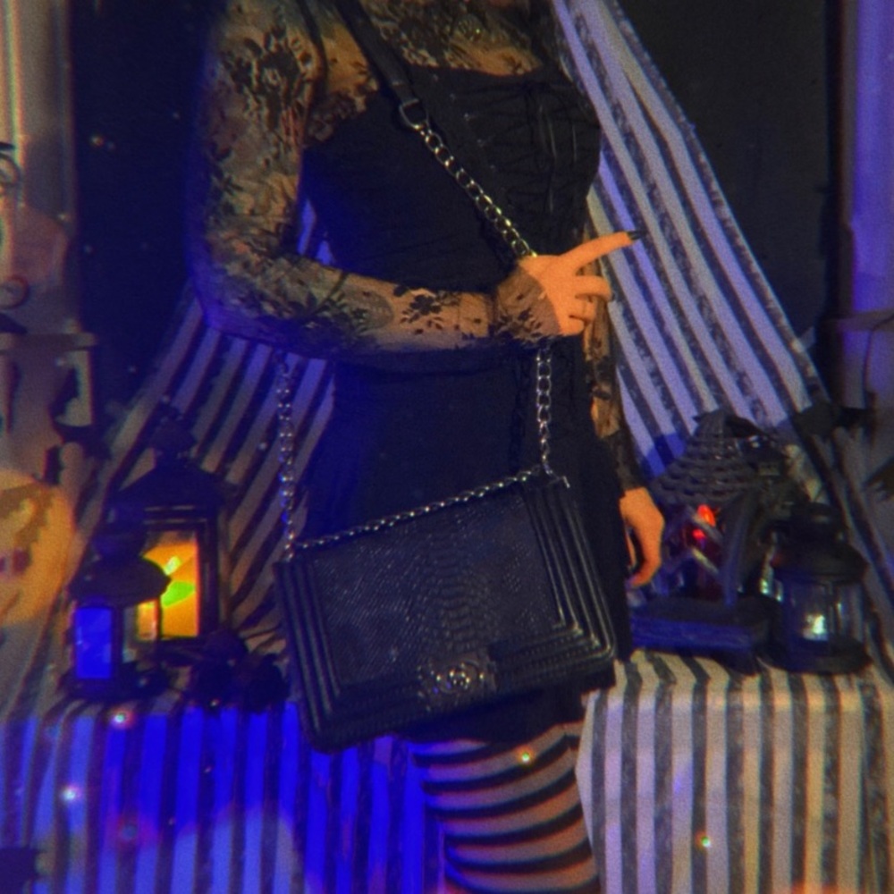SOLD Black snake print purse with thick chain strap
